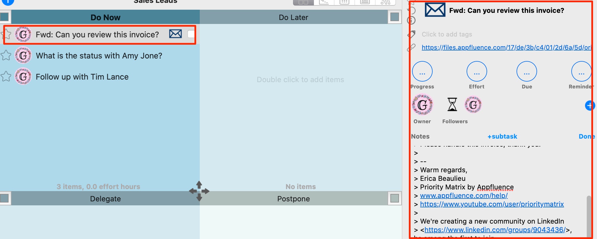 Priority Matrix synced item details view 